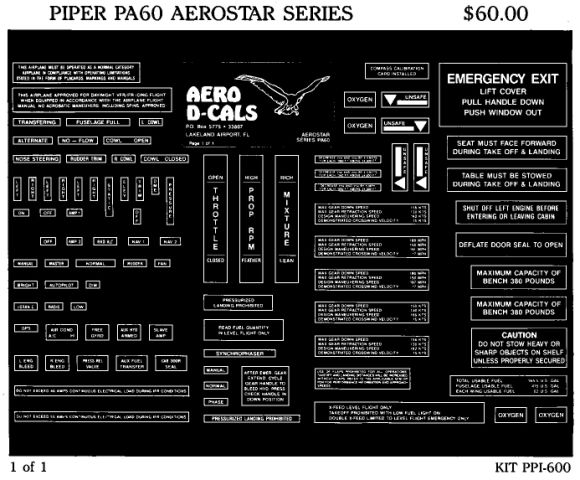 (image for) Piper PA-60 Aerostar Economy Interior Decals (1)