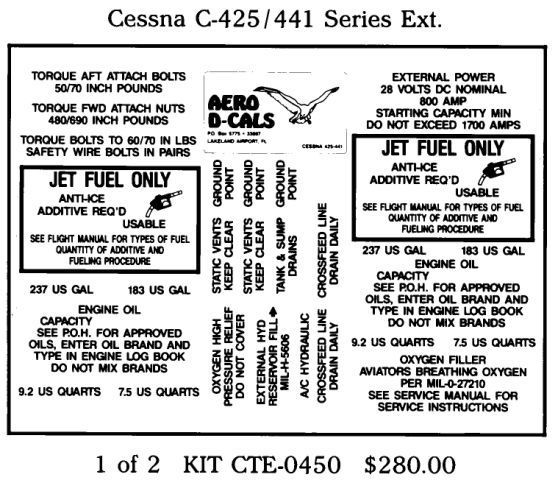 Cessna C-425/441 Series Exterior Decals (2) (image for) Cessna C-425/441 Series Exterior Decals (2)
