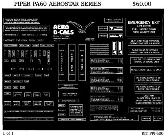 (image for) Piper PA-60 Aerostar Economy Interior Decals (1) - Click Image to Close